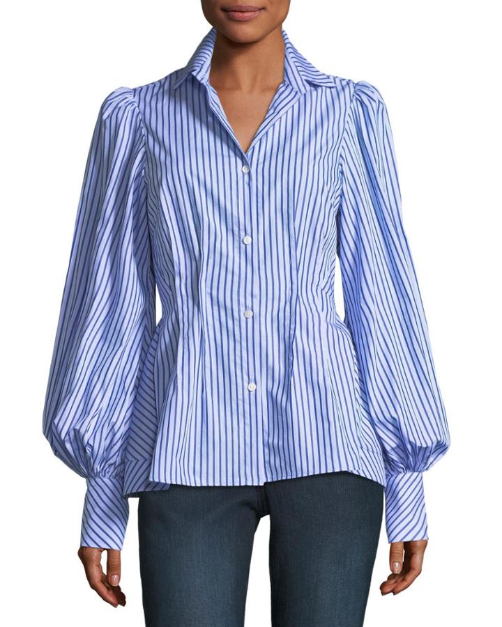 Waverly Striped Button-front Blouson-sleeve Cotton