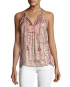 Shara Tassel-tie Silk Top, Pink Pattern