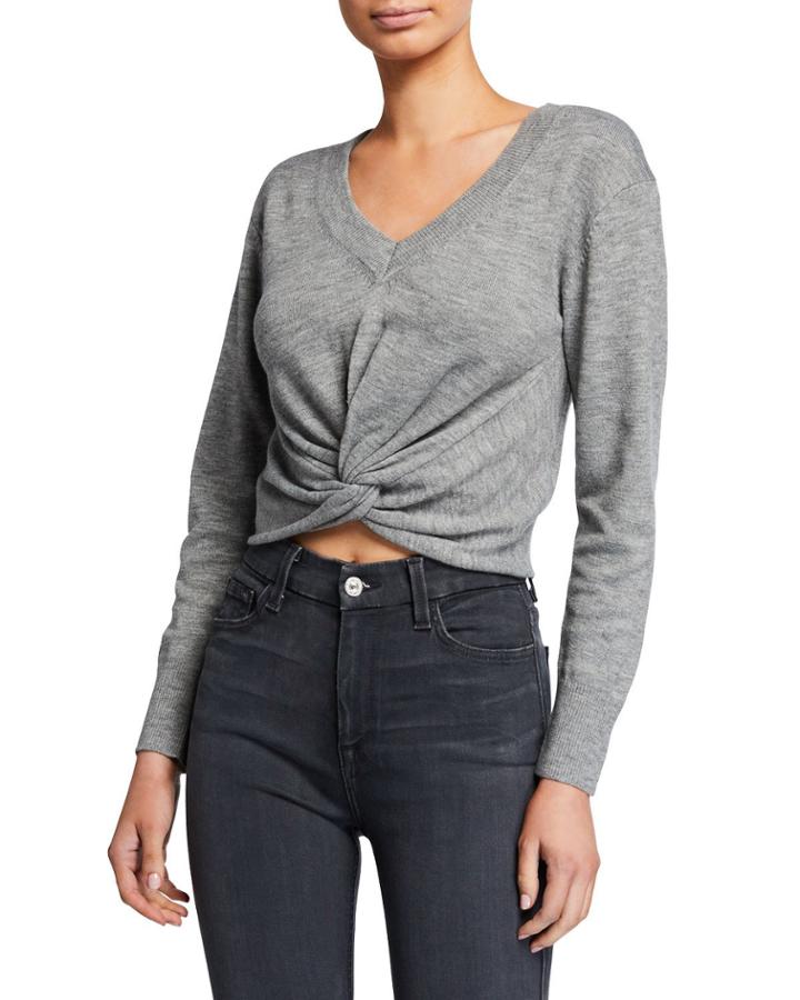 V-neck Long-sleeve Twist-front Knit Crop Top
