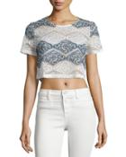 Short-sleeve Lace Crop Top, White/blue