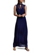 Naomi Silk Flower Applique Gown, Navy Blue