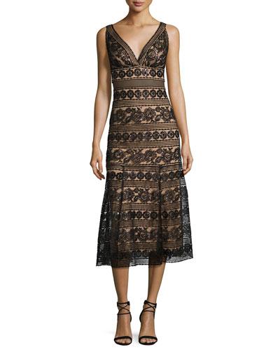 Sleeveless Sequined Lace Midi Cocktail Dress, Black/natural