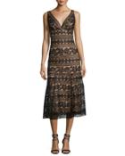 Sleeveless Sequined Lace Midi Cocktail Dress, Black/natural