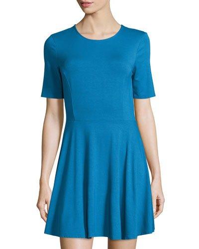 Half-sleeve Crewneck Skater Dress, Crown Blue