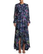 Long-sleeve Ruffled Floral-print Gown, Navy