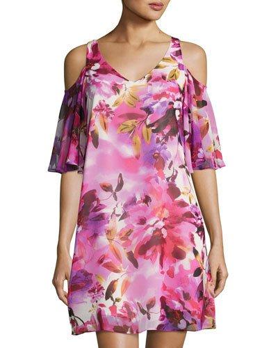 Floral-print Chiffon Shift Dress, Red Pattern