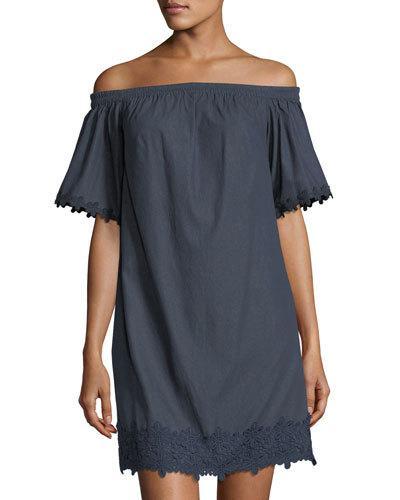 Off-the-shoulder Lace-trim Denim