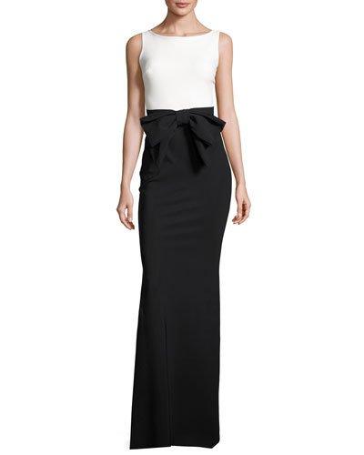 Sleeveless Two-tone Jersey Column Gown, Black/white