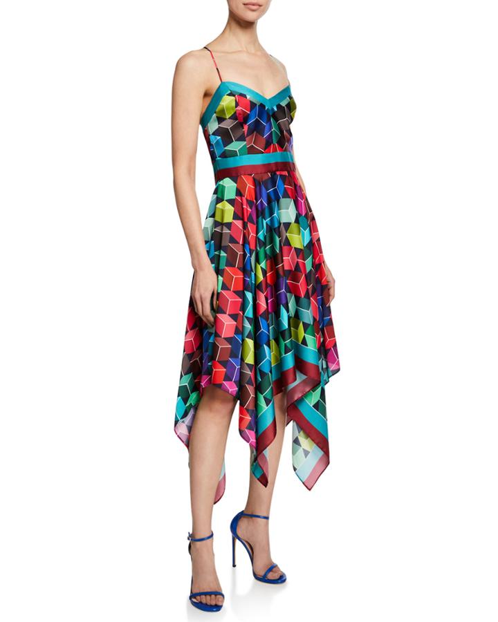 Sweetheart Sleeveless Cube-print Handkerchief Dress