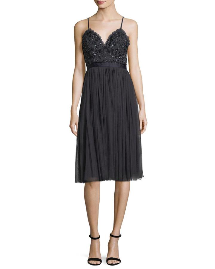 Midnight-lace Sleeveless Midi Cocktail Dress