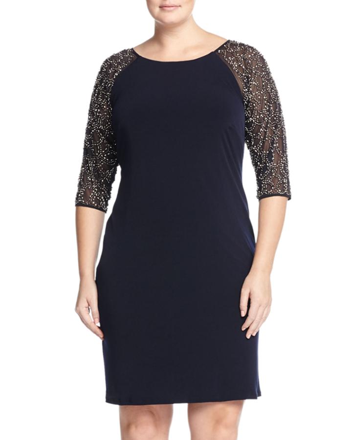 Chetta B Beaded 3/4-sleeve Cocktail Dress, Navy/silver, Women's,