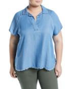 Split Neck High-low Chambray Blouse,