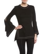 Interlock Jersey Draped Bell-sleeve Top W/ Topstitching