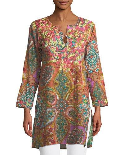 Jade Paisley V-neck Tunic, Coral