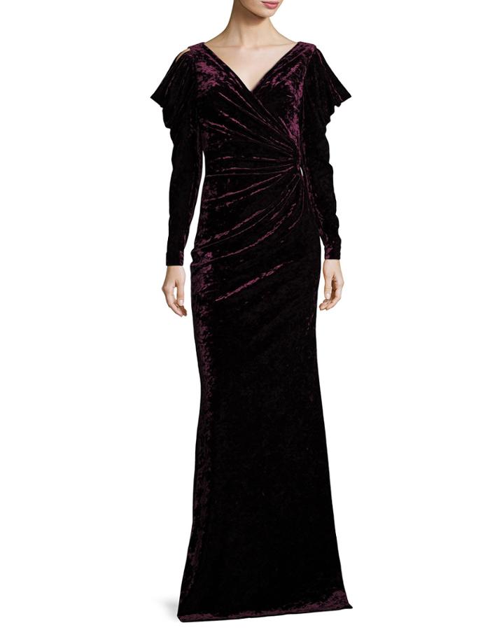 Velvet Long-sleeve Open-shoulder Evening Gown