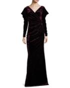 Velvet Long-sleeve Open-shoulder Evening Gown