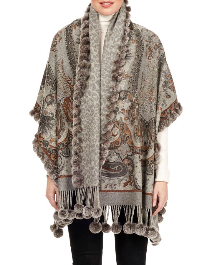 Double-face Snowtop Wool Stole W/ Rabbit Fur Pompoms, Gray Pattern