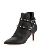 Rockstud Leather Ankle Booties, Black (nero)