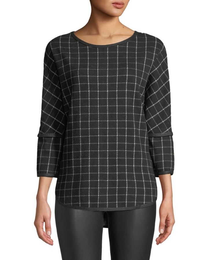 3/4-sleeve Windowpane Jacquard Top