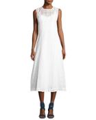 Fringed-hem Lace Frock Dress, White