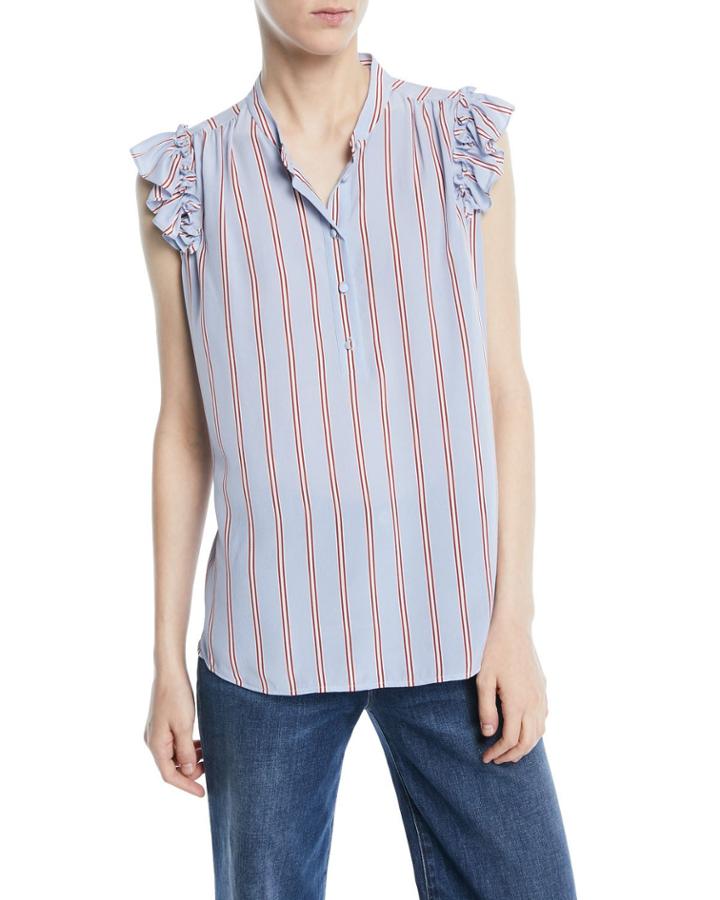 Striped Sleeveless Ruffle Button-front Top
