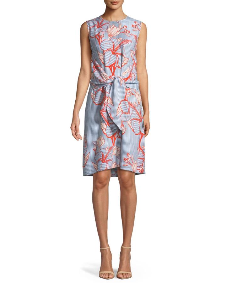 Sleeveless Tie-waist Striped Floral-print Tunic Dress
