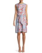 Sleeveless Tie-waist Striped Floral-print Tunic Dress