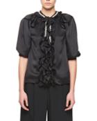 Puff-sleeve Silk Blouse With Jewel & Ruffle Detail