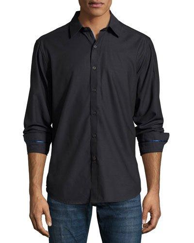 Venetian Masks Embroidered Long-sleeve Sport Shirt, Charcoal