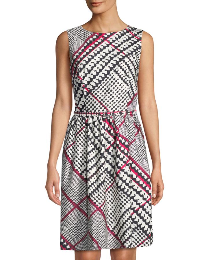 Belted Jewel-neck Printed-silk Dress