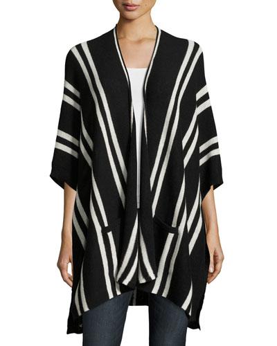 Cashmere Striped Poncho, Black/white