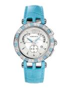 42mm V-race Chronograph Watch W/ Topaz Pave & Leather Strap, Golden/blue
