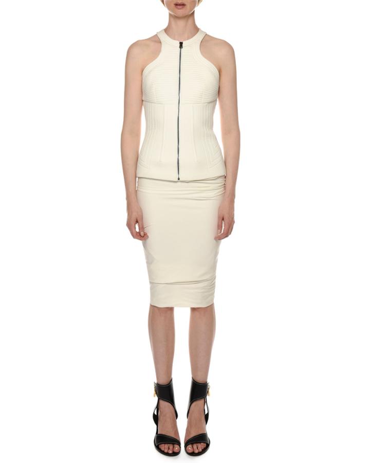 Structured Zip-front Draped-skirt Halter-dress