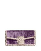 Velvet Clutch Bag W/snake-embossed Trim, Purple