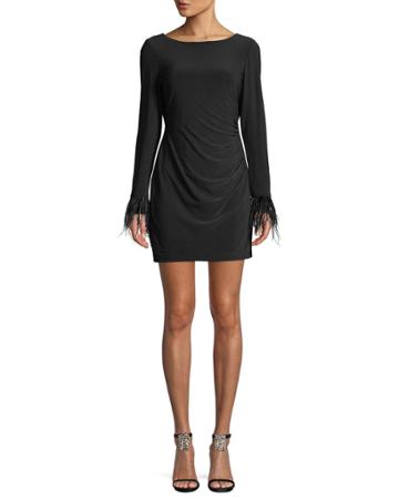 Wright Long-sleeve Feather-cuff Draped-back Jersey Mini Cocktail Dress