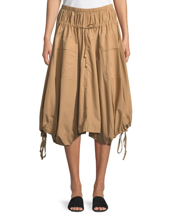 Pull-on Cotton Trapeze Midi Skirt W/ Drawstrings