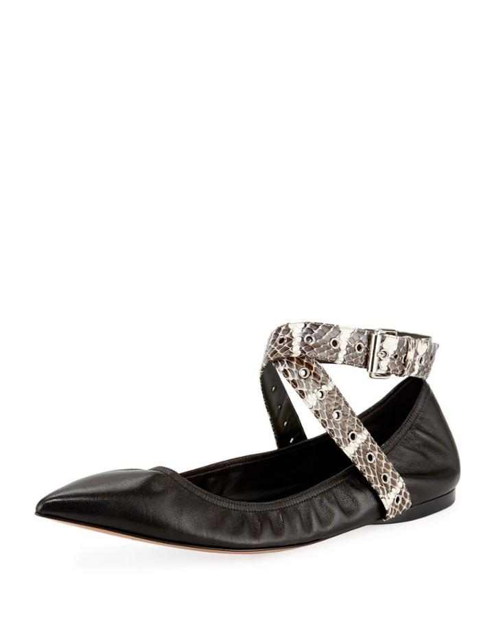 Ruched Leather/snakeskin Ankle-wrap Flats
