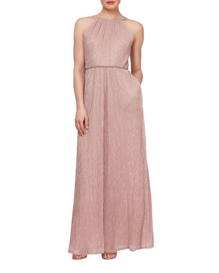 Metallic Pleated Halter-neck Dress