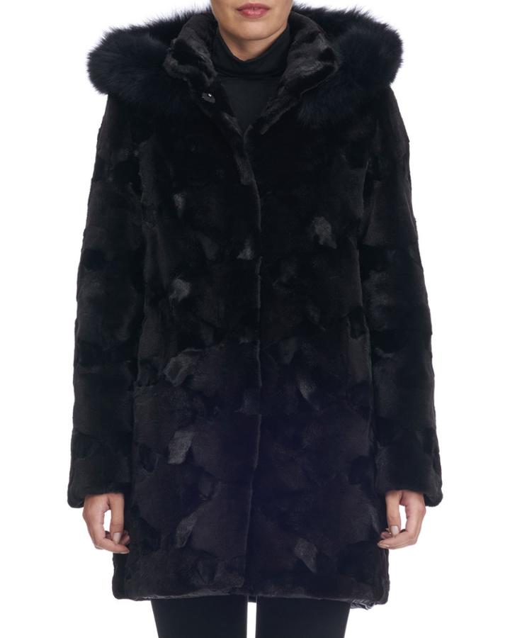 Sectioned Mink Fur Parka Coat With Fox Hood