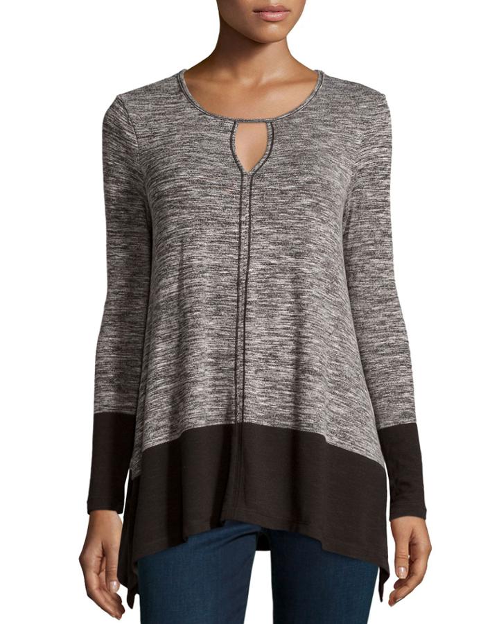 Max Studio Striped-trim Keyhole Long-sleeve Tee, Black/ivory, Women's, Size: Large, Black/ Ivo