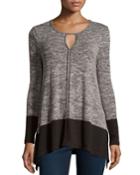 Max Studio Striped-trim Keyhole Long-sleeve Tee, Black/ivory, Women's, Size: Large, Black/ Ivo