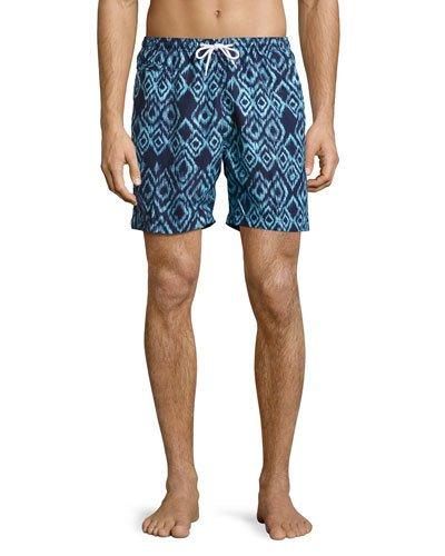 Ikat-print Swim Trunks, Blue Pattern
