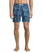 Ikat-print Swim Trunks, Blue Pattern