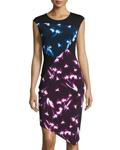 Printed Jersey Asymmetric Sheath Dress,
