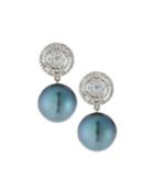 18k White Gold Diamond-circle & Tahitian Pearl Earrings