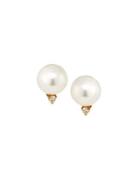 14k White Pearl & Diamond Stud Earrings,