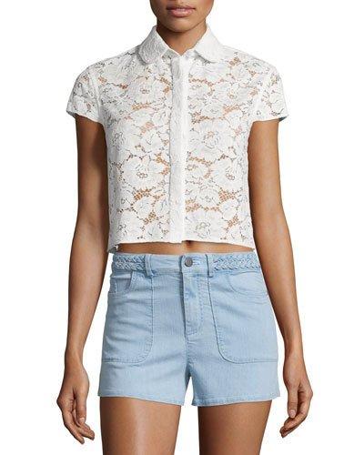 Loni Short-sleeve Lace Top, Cream