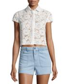 Loni Short-sleeve Lace Top, Cream