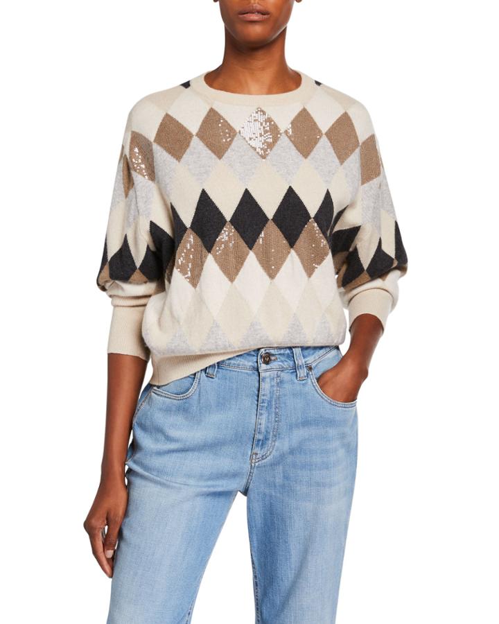 Wool/cashmere Argyle Crewneck Sweater With Paillettes