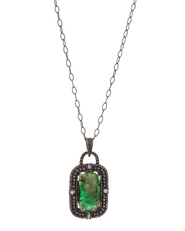 Silver Pendant Necklace With Emerald & Diamonds,